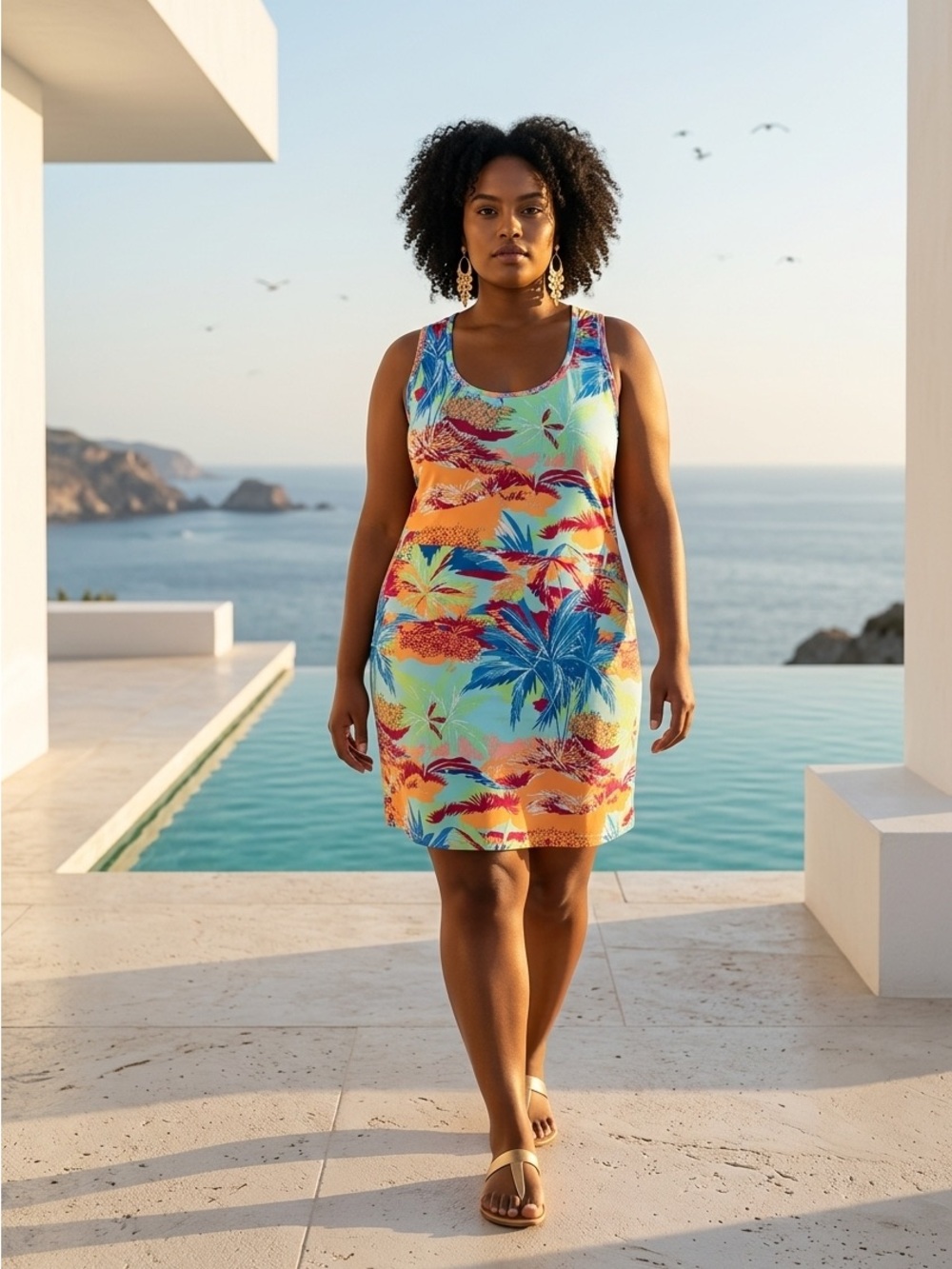Tropical Scoop-Neck Midi Dress in Blue & Coral